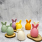 Colourful Easter Bunny Ear Up / Down Candles on a wooden coasters.