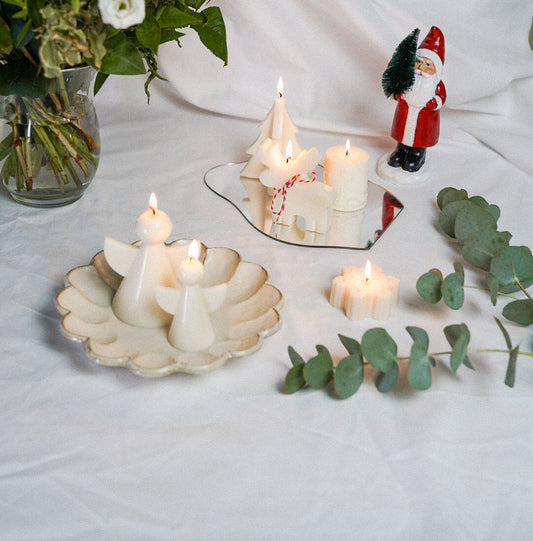 Christmas Angel Candles Set. Santa, Christmas tree and reindeer candles on the white background. 