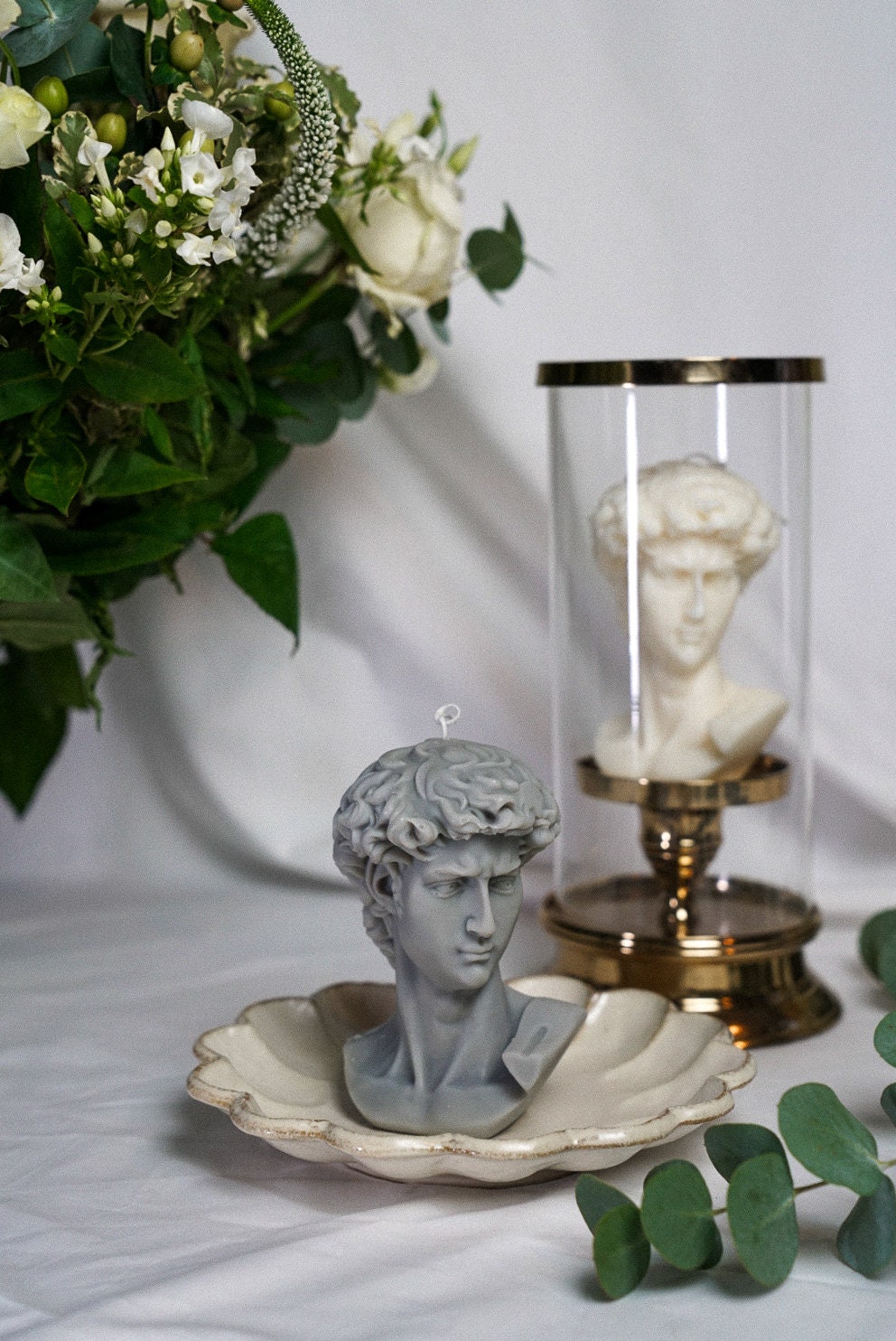 `Grey and Ivory Large David Head Statue Candle