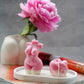  Curvy Goddess Candle with knot candle on a trinket tray with pink peony on a bottom vase on the background. 